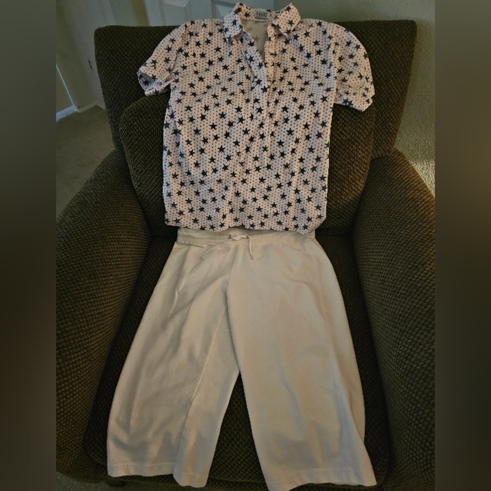 2 Piece Polo, Pull Over, Red & Blue Stars with 85% Cotton Capri